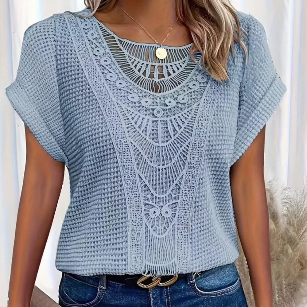 Women's Boho Lace-Panel Waffle-Knit Short-Sleeve Top - Light Blue