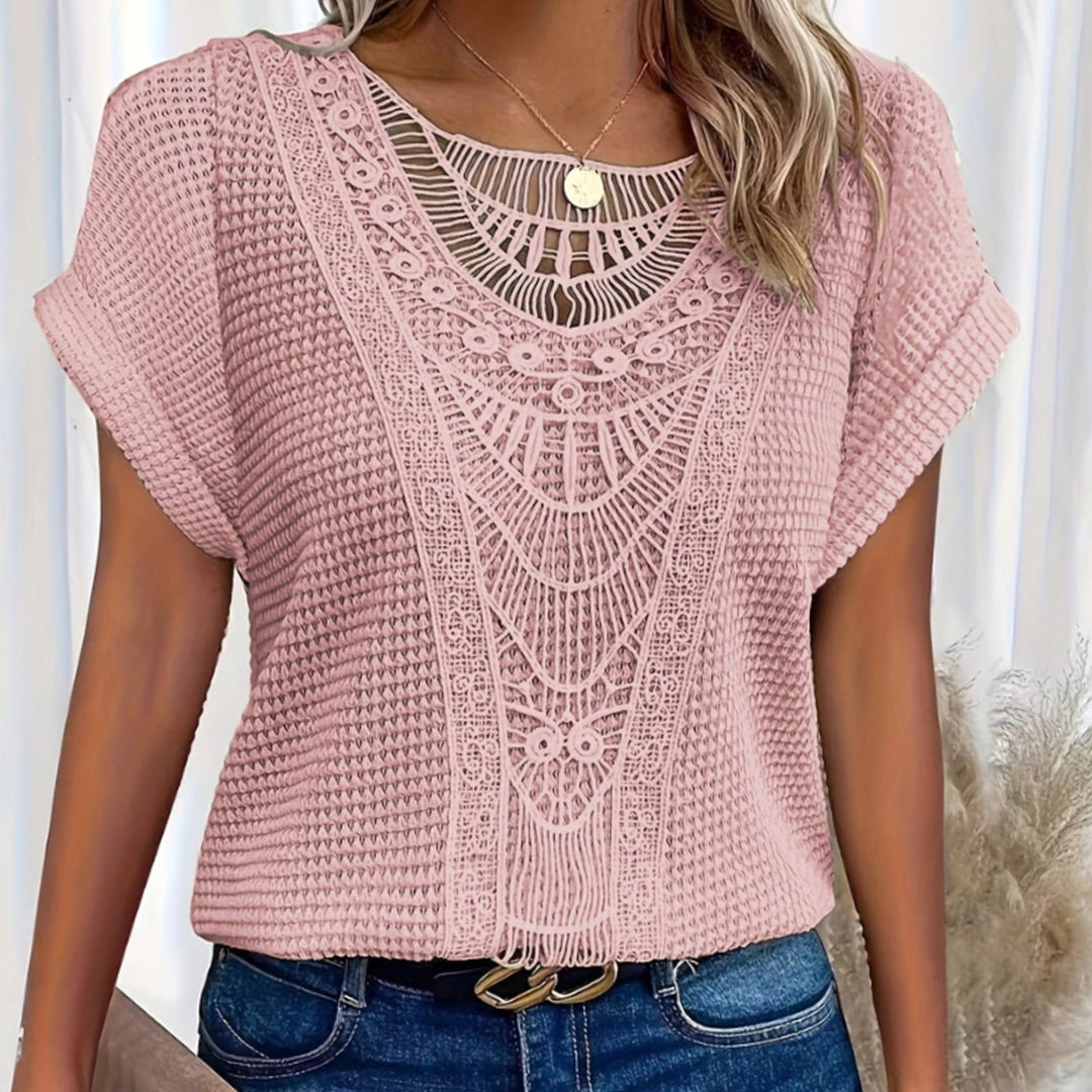 Women's Boho Lace-Panel Waffle-Knit Short-Sleeve Top - Pink