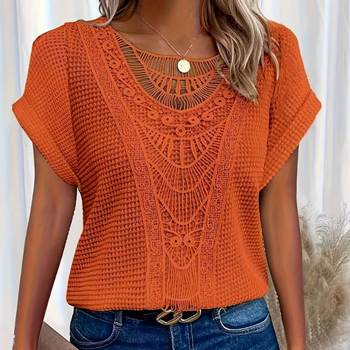 Women's Boho Lace-Panel Waffle-Knit Short-Sleeve Top - Orange