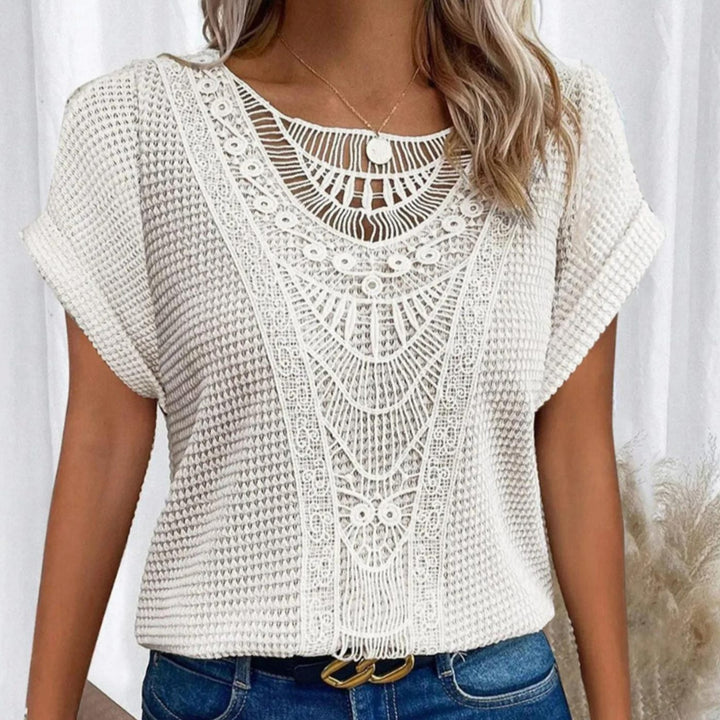 Women's Boho Lace-Panel Waffle-Knit Short-Sleeve Top - White