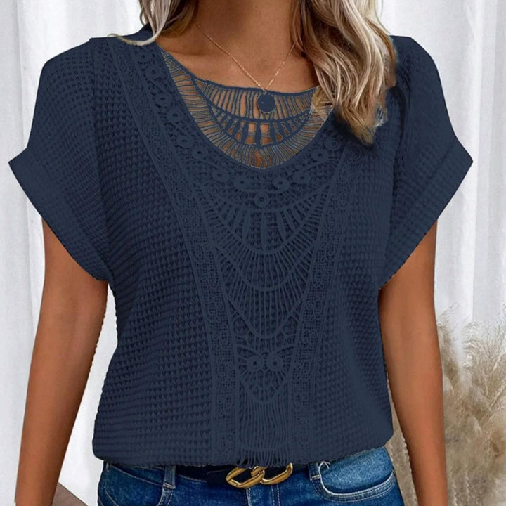 Women's Boho Lace-Panel Waffle-Knit Short-Sleeve Top - Dark Navy
