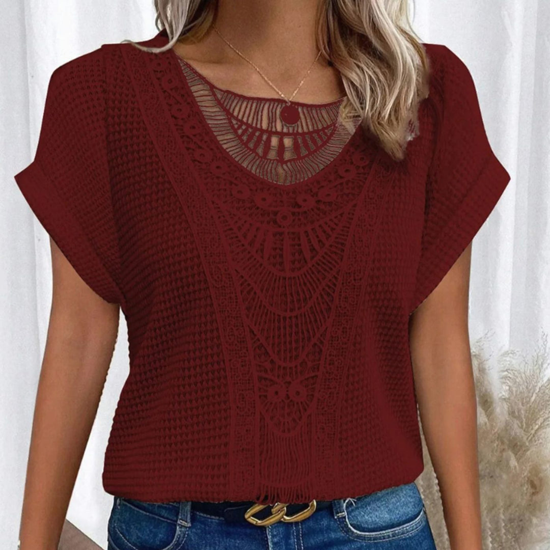 Women's Boho Lace-Panel Waffle-Knit Short-Sleeve Top - Red