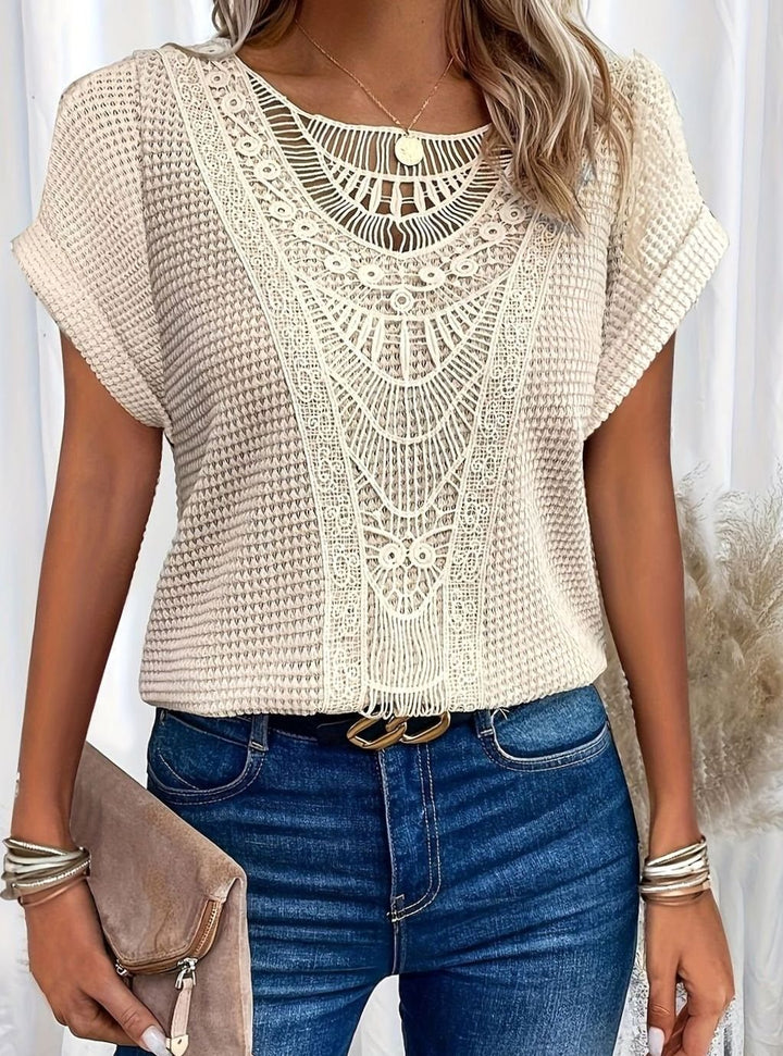 Women's Boho Lace-Panel Waffle-Knit Short-Sleeve Top, Cream - White