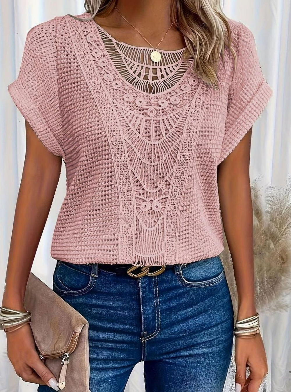 Women's Boho Lace-Panel Waffle-Knit Short-Sleeve Top, Cream - Pink