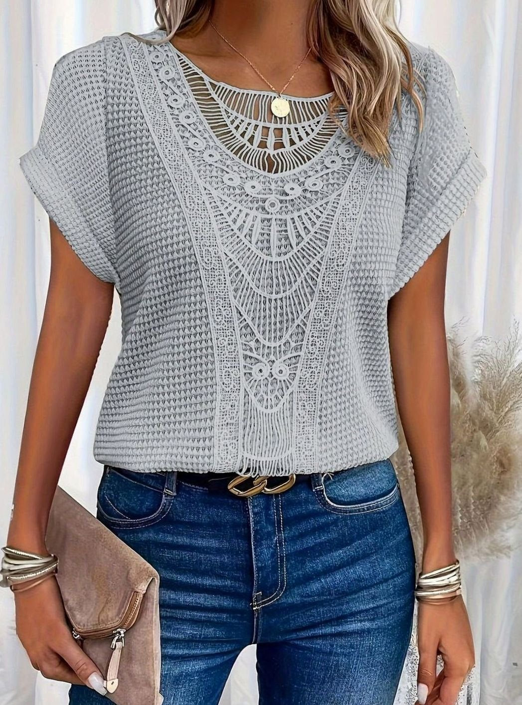 Women's Boho Lace-Panel Waffle-Knit Short-Sleeve Top, Cream
