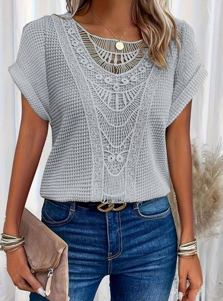 Women's Boho Lace-Panel Waffle-Knit Short-Sleeve Top, Cream