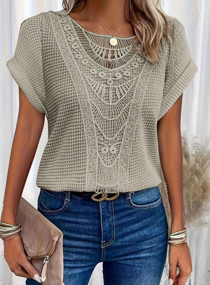 Women's Boho Lace-Panel Waffle-Knit Short-Sleeve Top, Cream