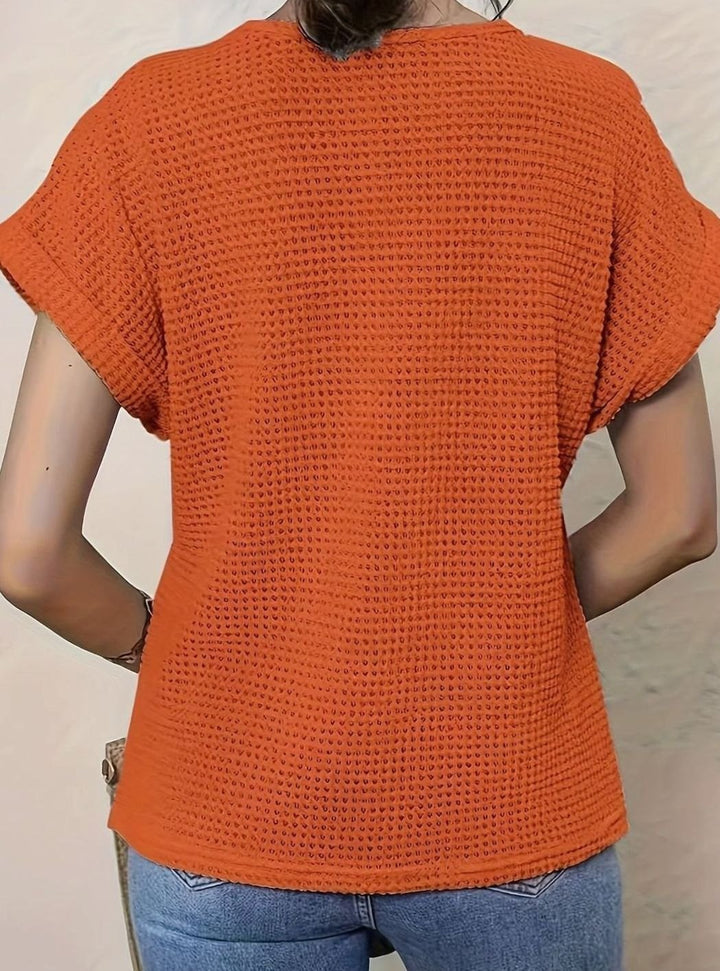 Women's Boho Lace-Panel Waffle-Knit Short-Sleeve Top, Cream
