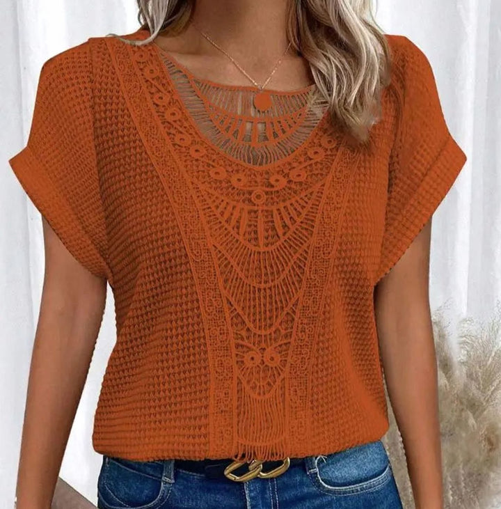 Women's Boho Lace-Panel Waffle-Knit Short-Sleeve Top, Cream - Red Orange