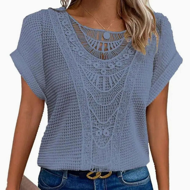 Women's Boho Lace-Panel Waffle-Knit Short-Sleeve Top, Cream