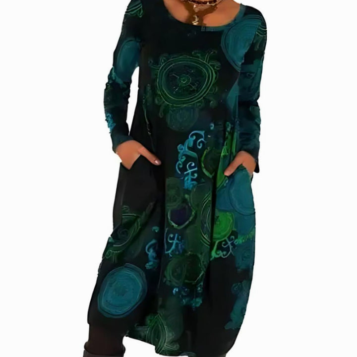 Women's Boho Long Sleeve Midi Dress Pockets Relaxed Fit - Blue