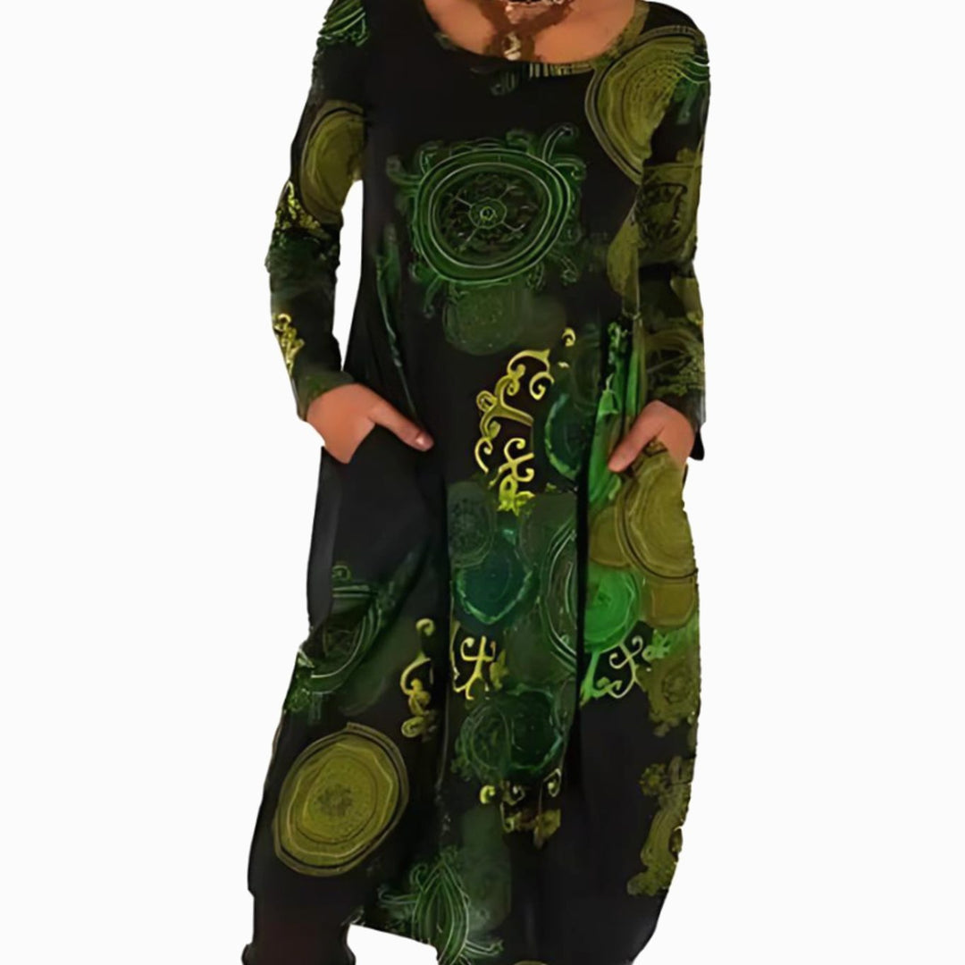 Women's Boho Long Sleeve Midi Dress Pockets Relaxed Fit - Green