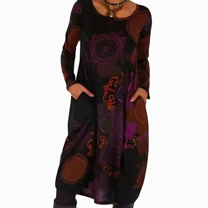 Women's Boho Long Sleeve Midi Dress Pockets Relaxed Fit - Red