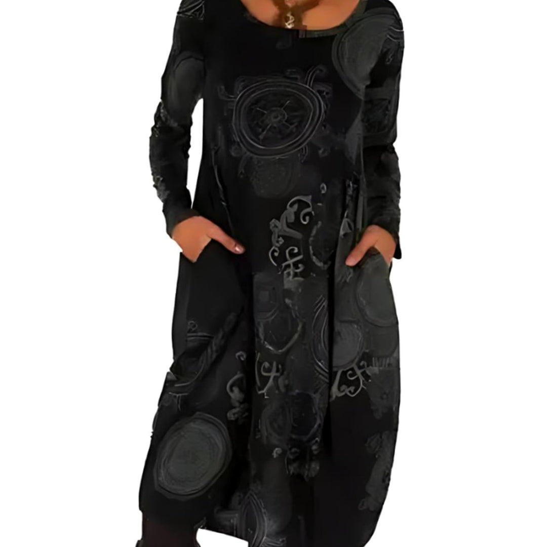 Women's Boho Long Sleeve Midi Dress Pockets Relaxed Fit - Black