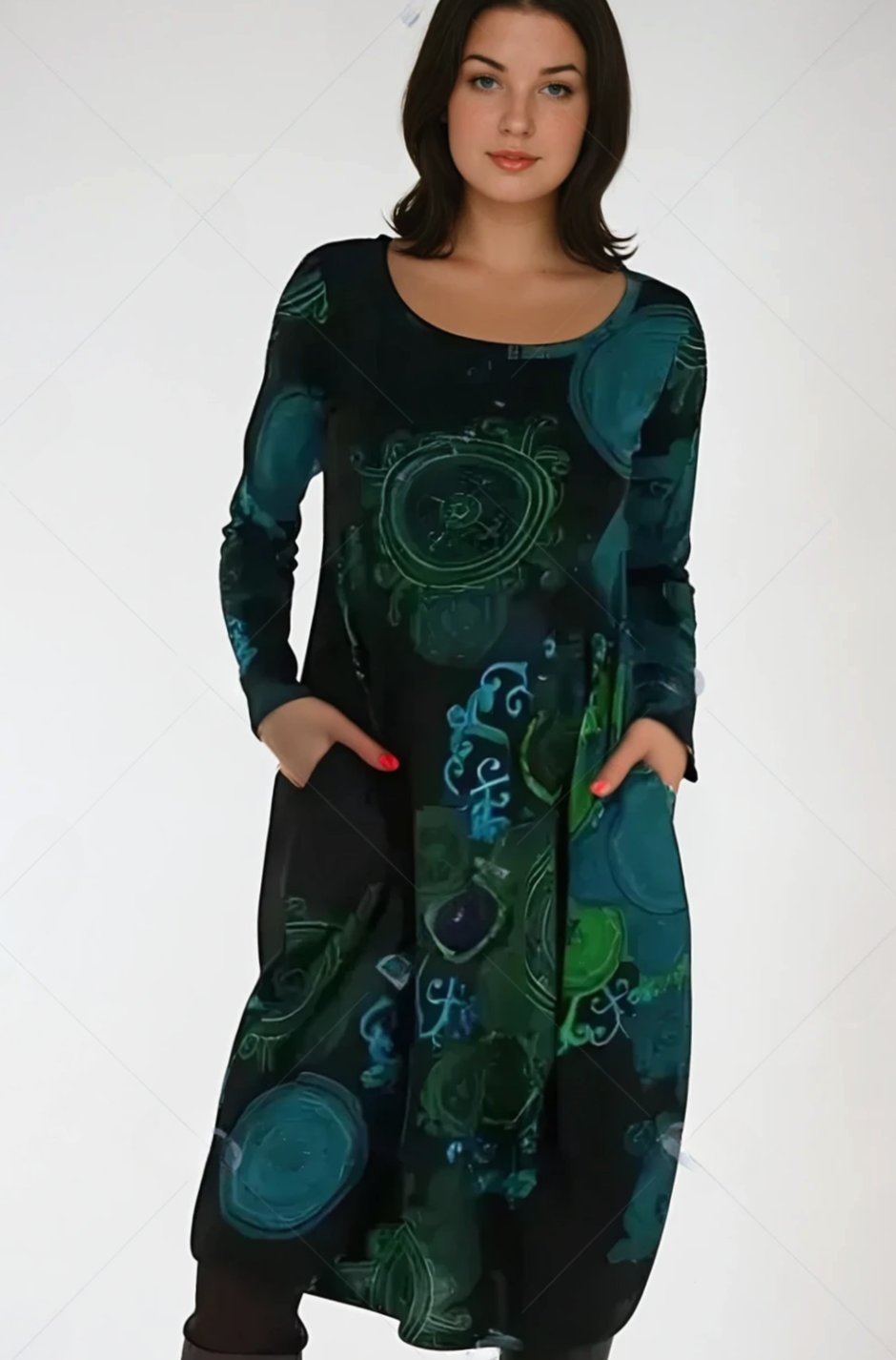Women's Boho Long Sleeve Midi Dress Pockets Relaxed Fit
