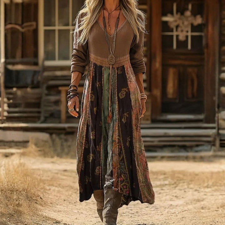 Women's Boho V-Neck Long Sleeve Patchwork Maxi Dress - Multicolor