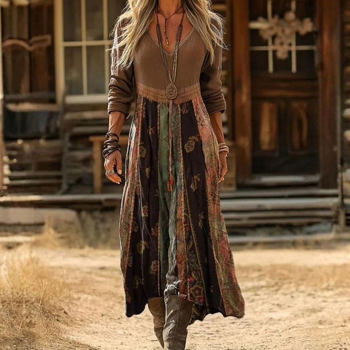 Women's Boho V-Neck Long Sleeve Patchwork Maxi Dress