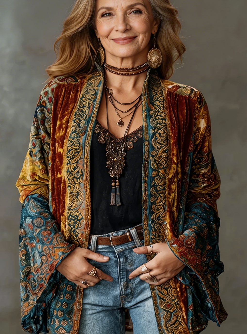 Women's Boho Velvet Paisley Open-Front Kimono Cardigan