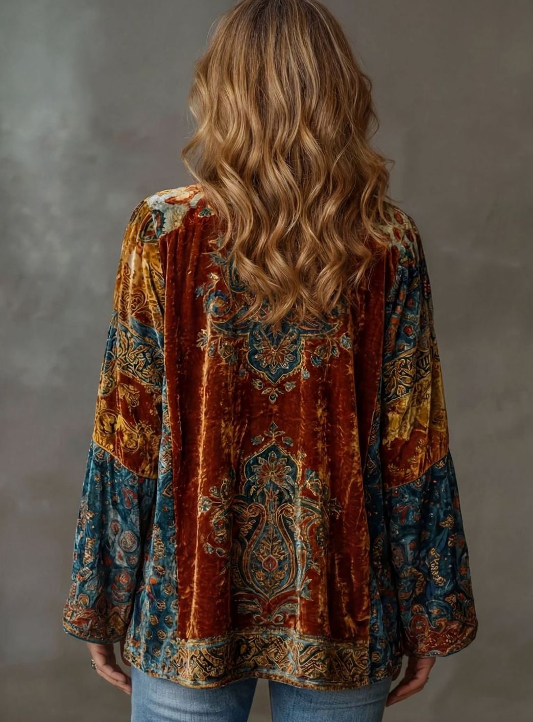 Women's Boho Velvet Paisley Open-Front Kimono Cardigan
