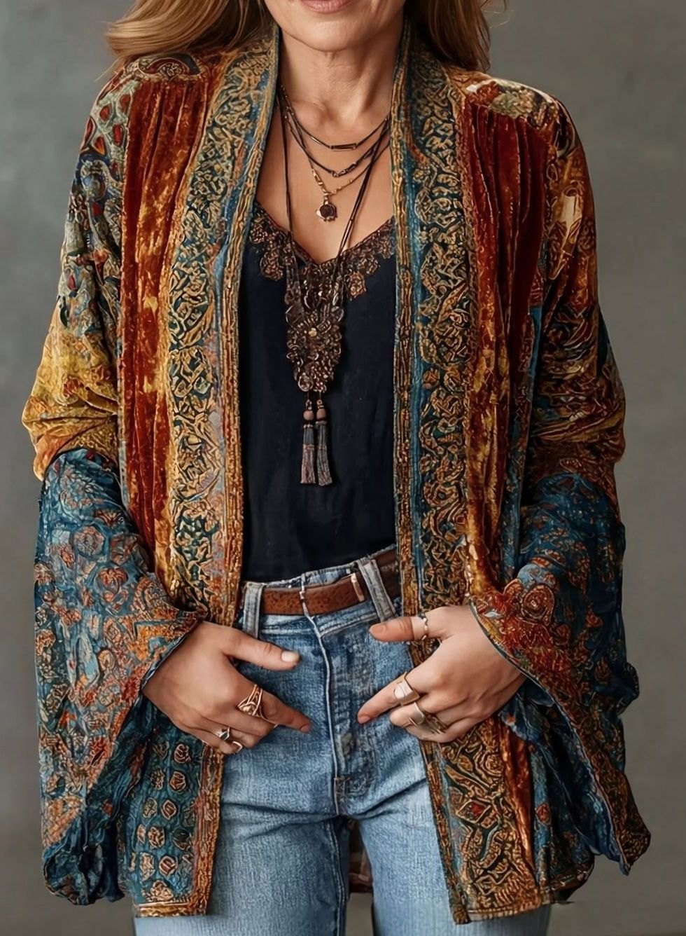 Women's Boho Velvet Paisley Open-Front Kimono Cardigan
