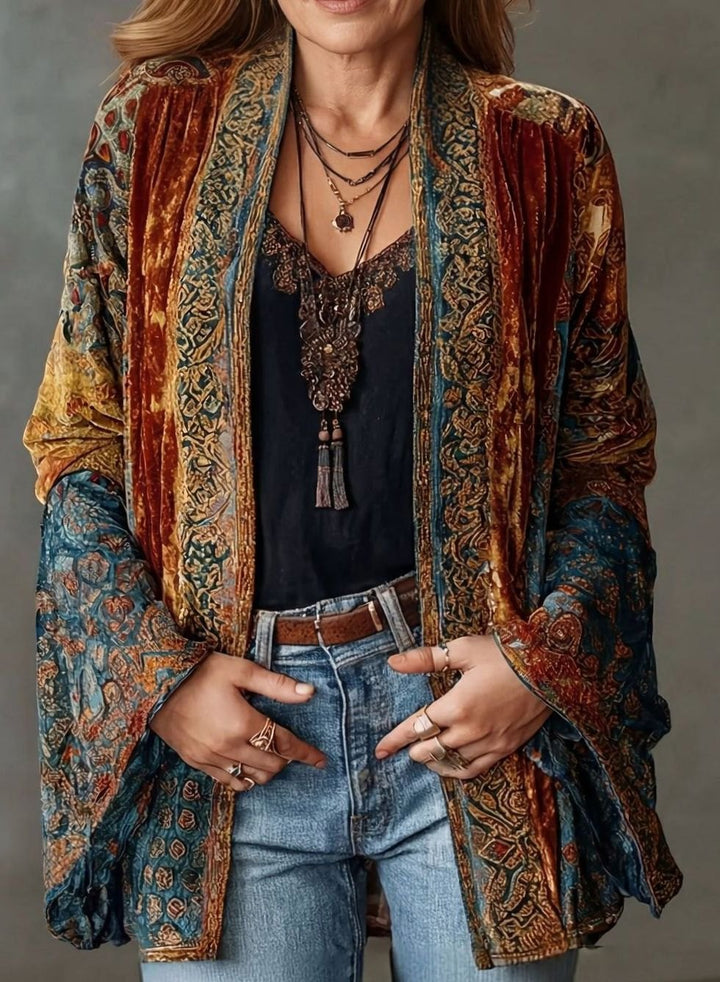 Women's Boho Velvet Paisley Open-Front Kimono Cardigan
