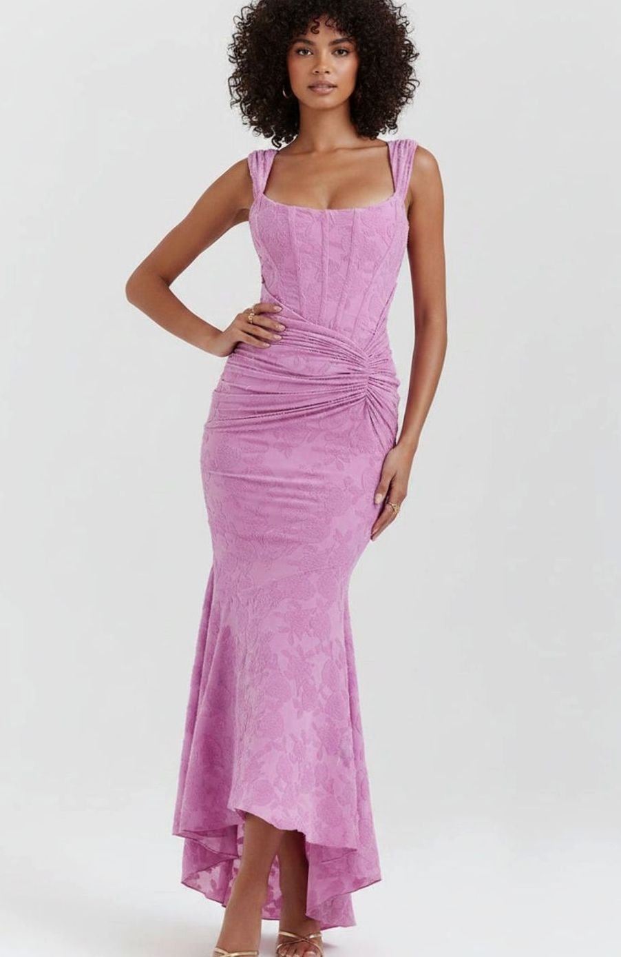 Women's Boned Corset Floral Jacquard High-Low Midi Dress - Pink