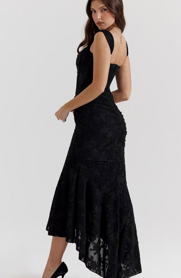 Women's Boned Corset Floral Jacquard High-Low Midi Dress