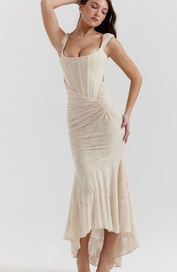 Women's Boned Corset Floral Jacquard High-Low Midi Dress