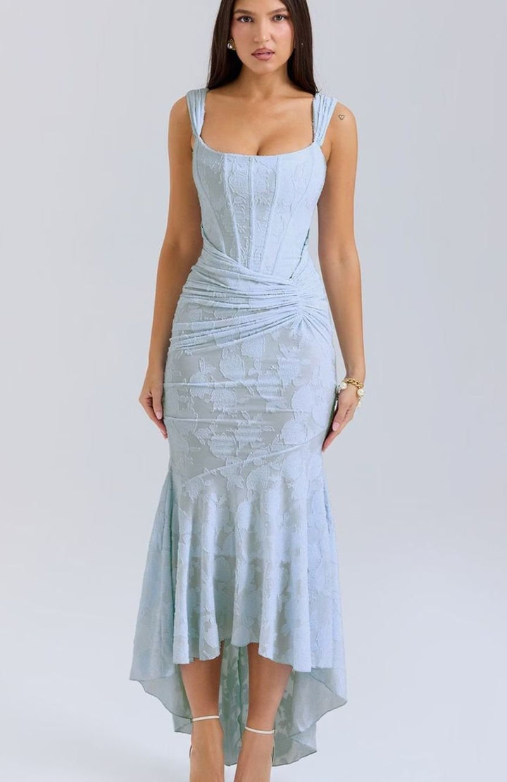 Women's Boned Corset Floral Jacquard High-Low Midi Dress - Light Blue
