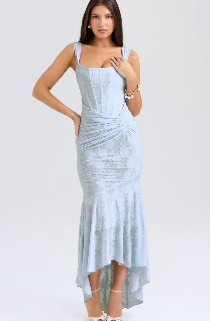 Women's Boned Corset Floral Jacquard High-Low Midi Dress