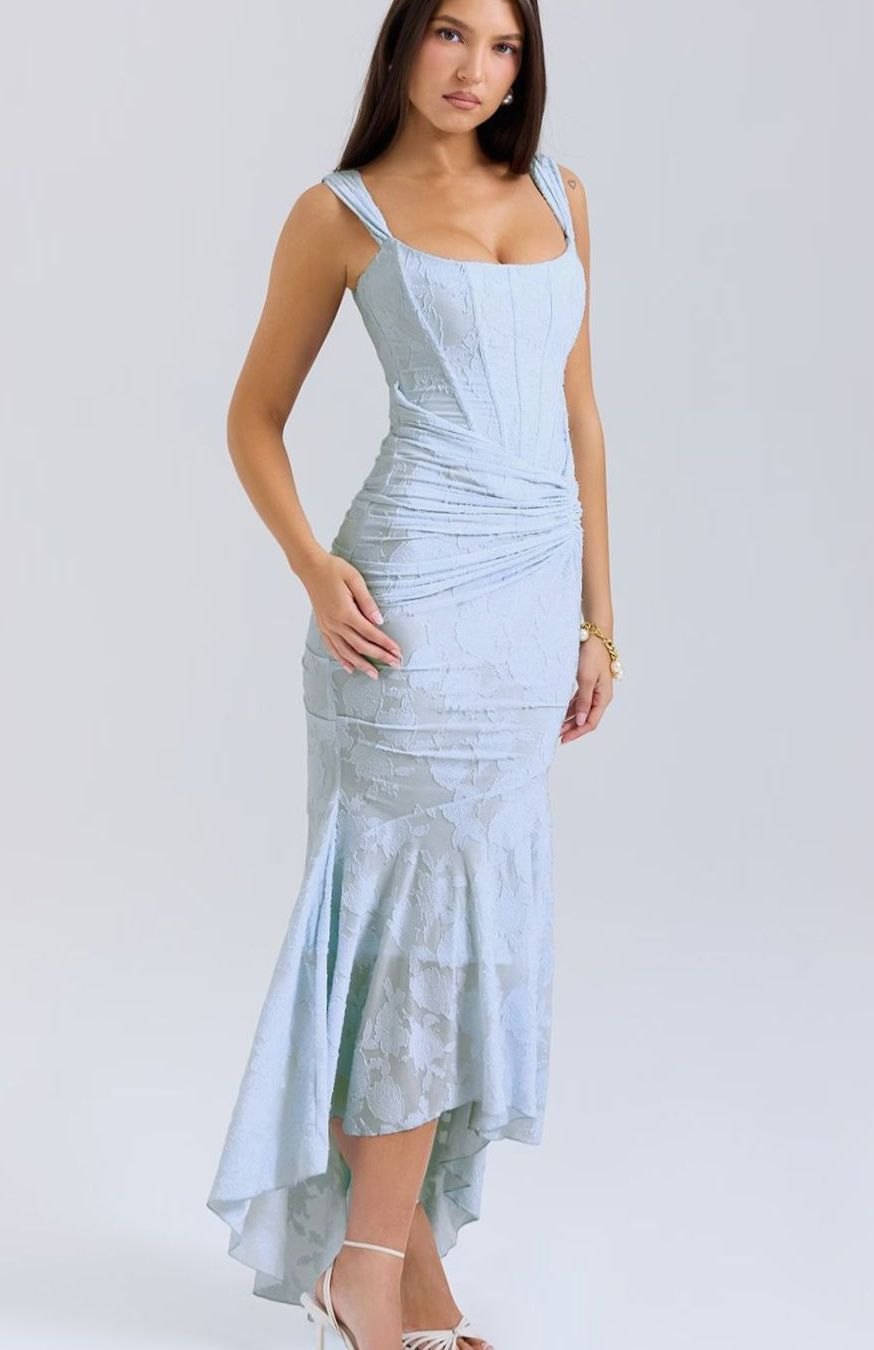 Women's Boned Corset Floral Jacquard High-Low Midi Dress