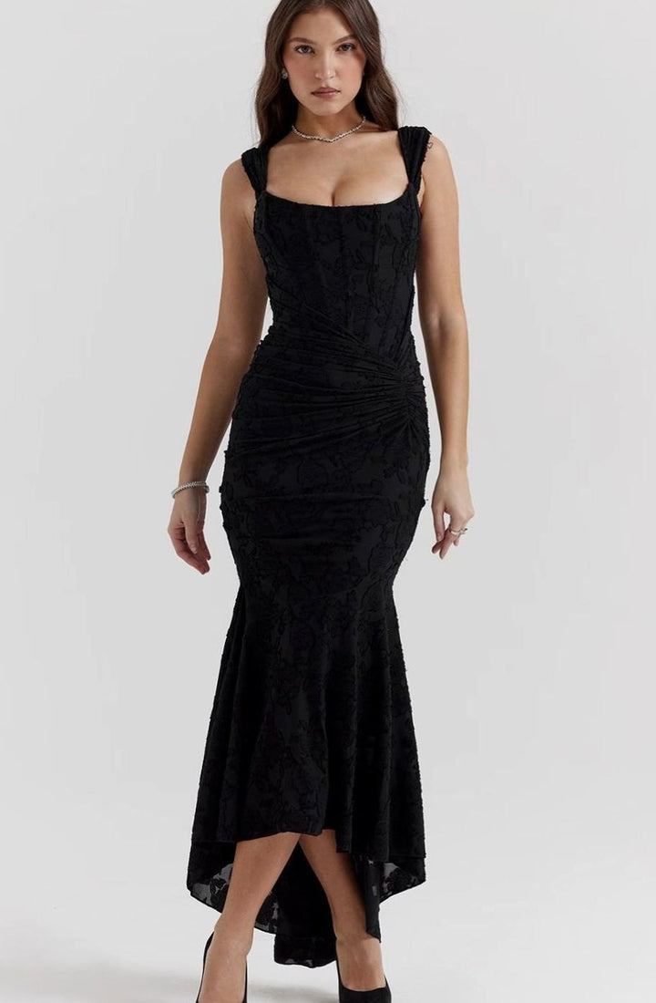 Women's Boned Corset Floral Jacquard High-Low Midi Dress