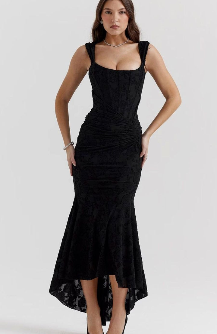 Women's Boned Corset Floral Jacquard High-Low Midi Dress - Black