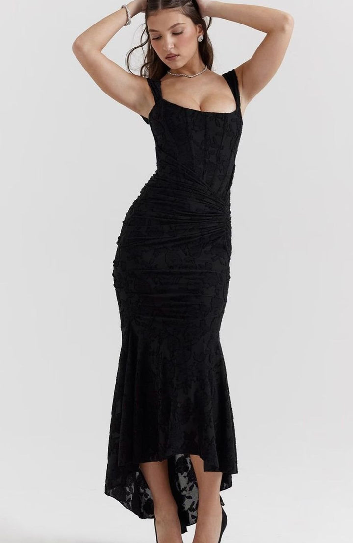 Women's Boned Corset Floral Jacquard High-Low Midi Dress