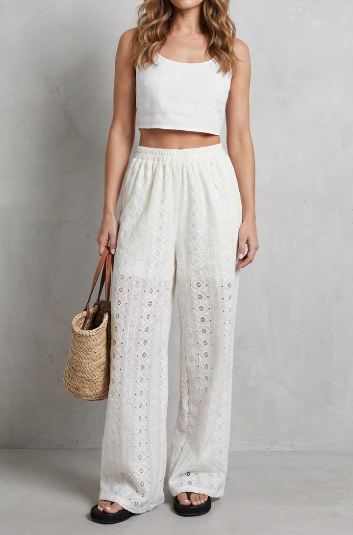 Women's Broderie Anglaise Elasticated Wide Leg Pants - White