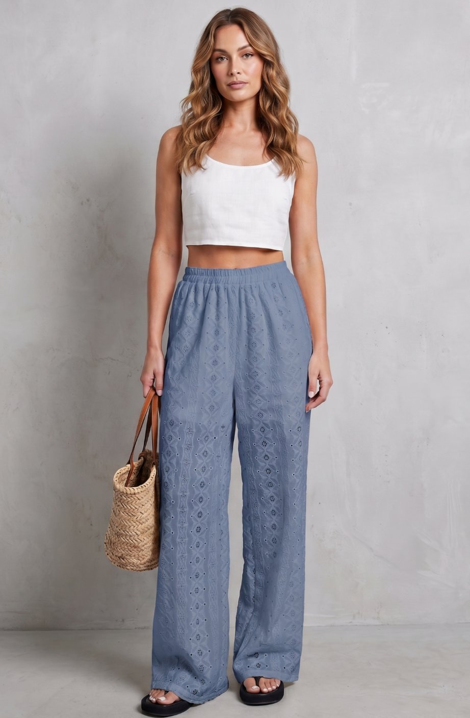Women's Broderie Anglaise Elasticated Wide Leg Pants
