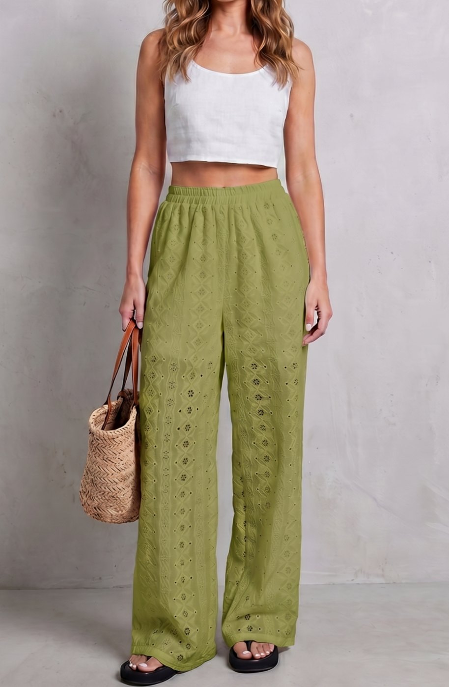 Women's Broderie Anglaise Elasticated Wide Leg Pants - Green
