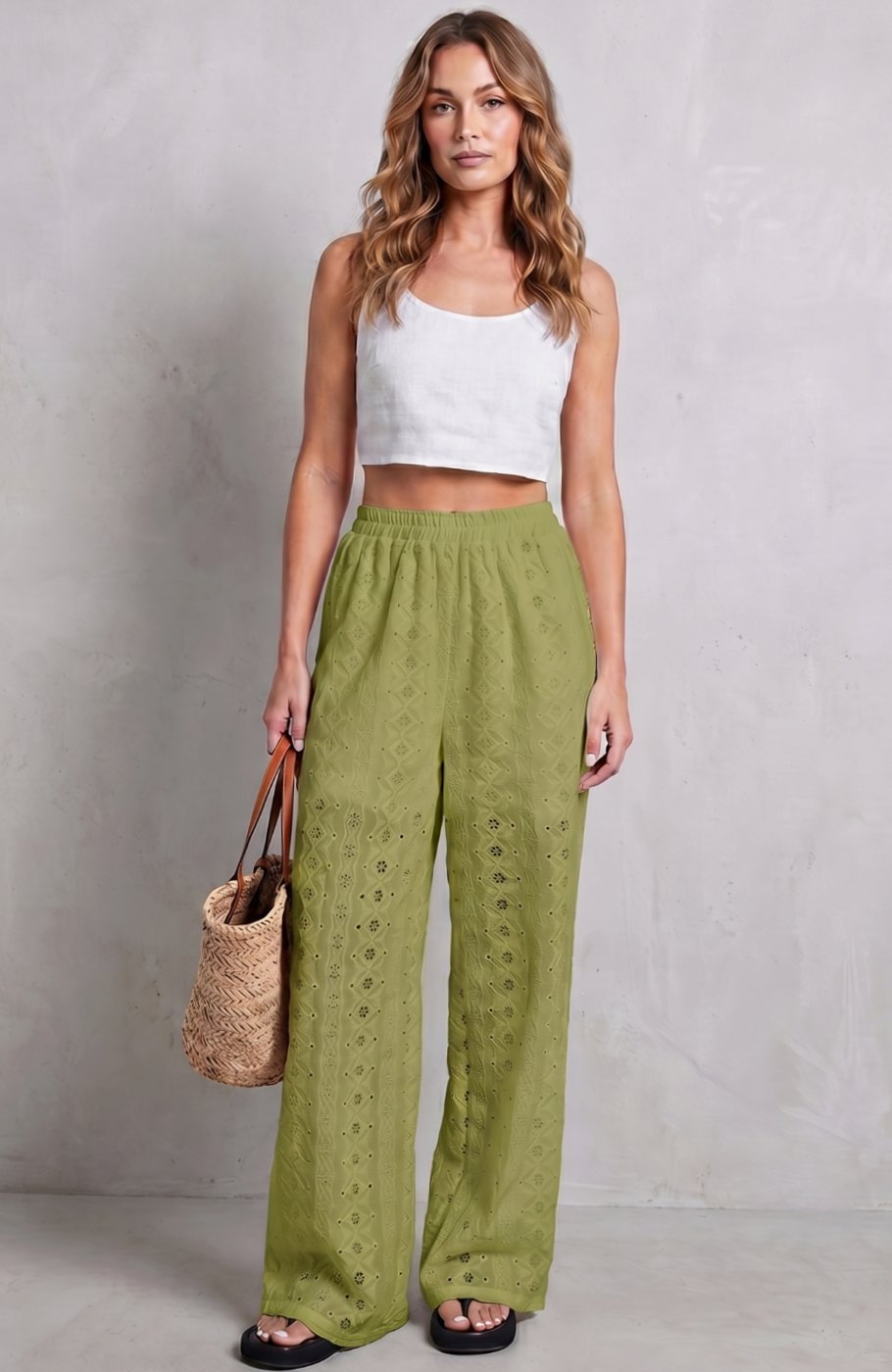 Women's Broderie Anglaise Elasticated Wide Leg Pants