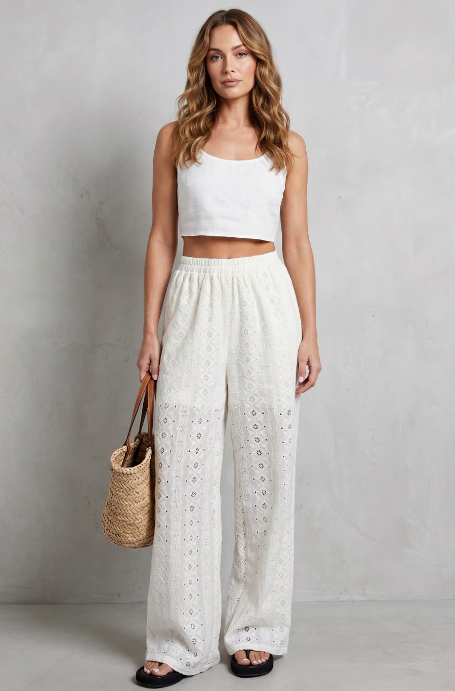 Women's Broderie Anglaise Elasticated Wide Leg Pants