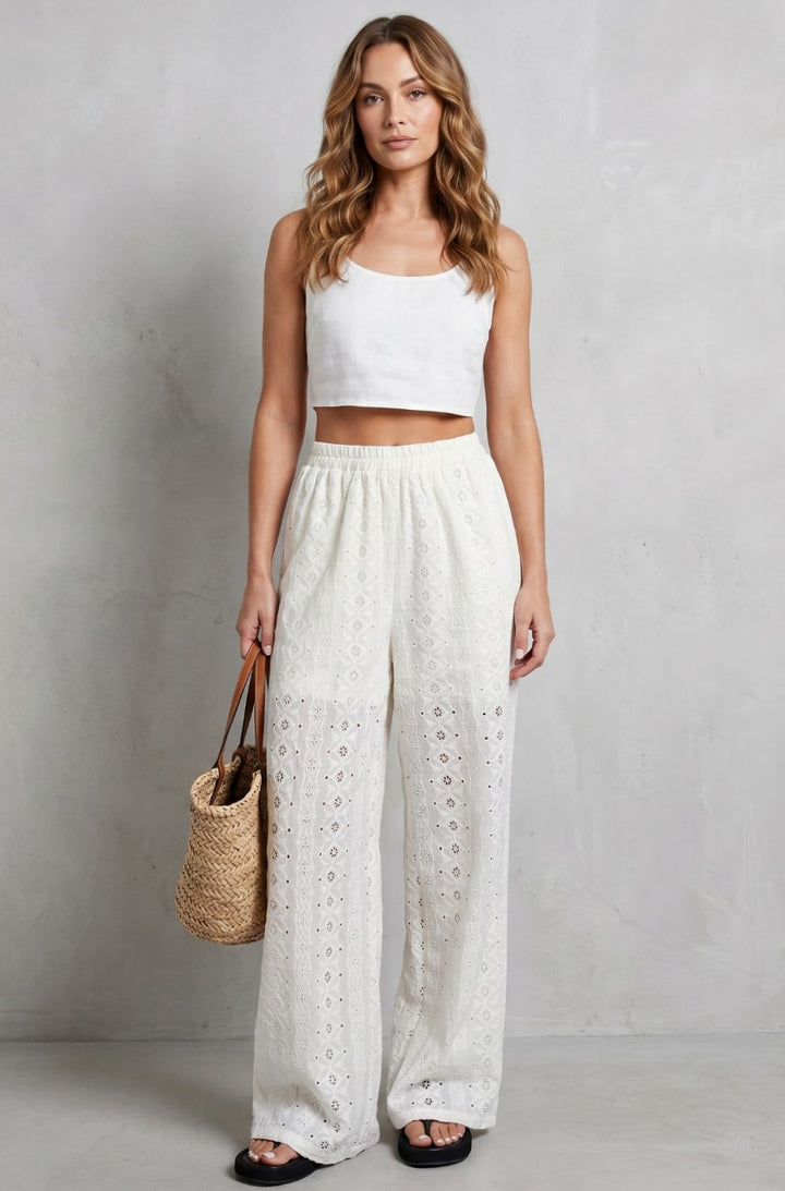 Women's Broderie Anglaise Elasticated Wide Leg Pants