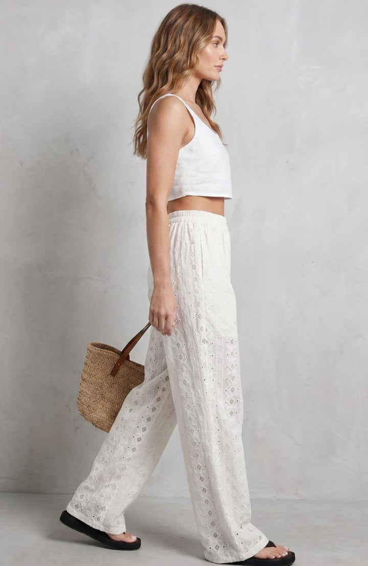 Women's Broderie Anglaise Elasticated Wide Leg Pants