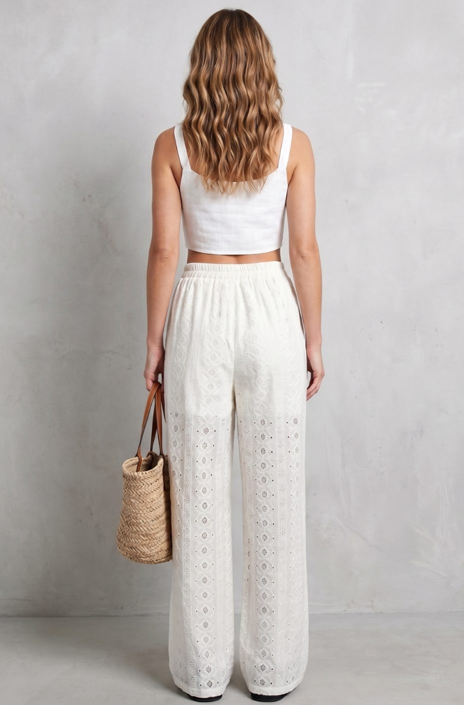 Women's Broderie Anglaise Elasticated Wide Leg Pants