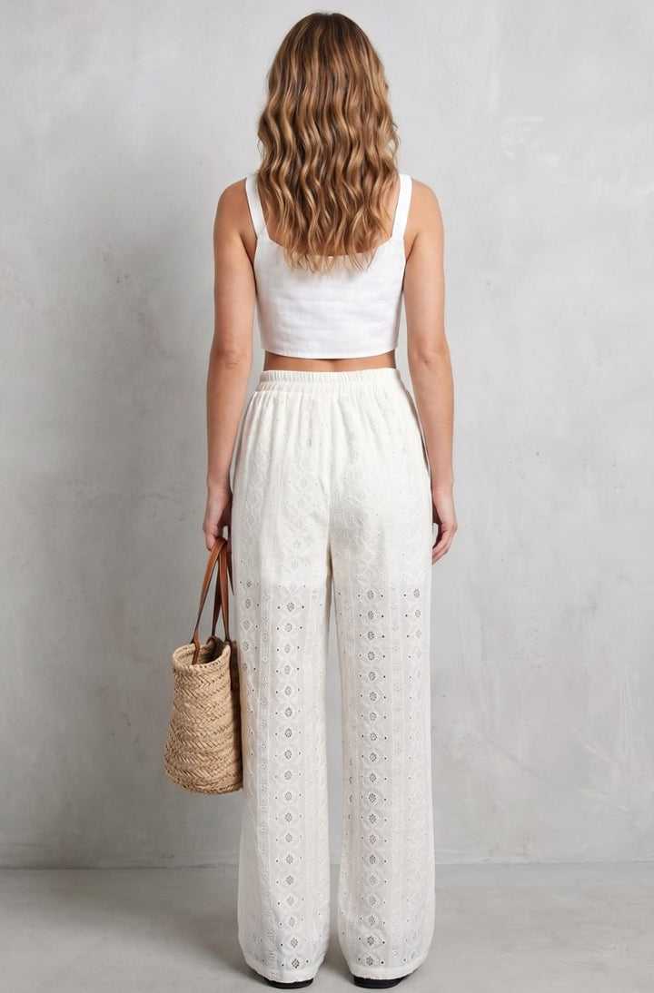 Women's Broderie Anglaise Elasticated Wide Leg Pants