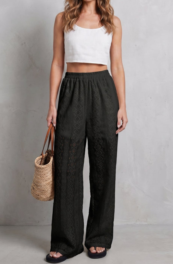 Women's Broderie Anglaise Elasticated Wide Leg Pants - Black