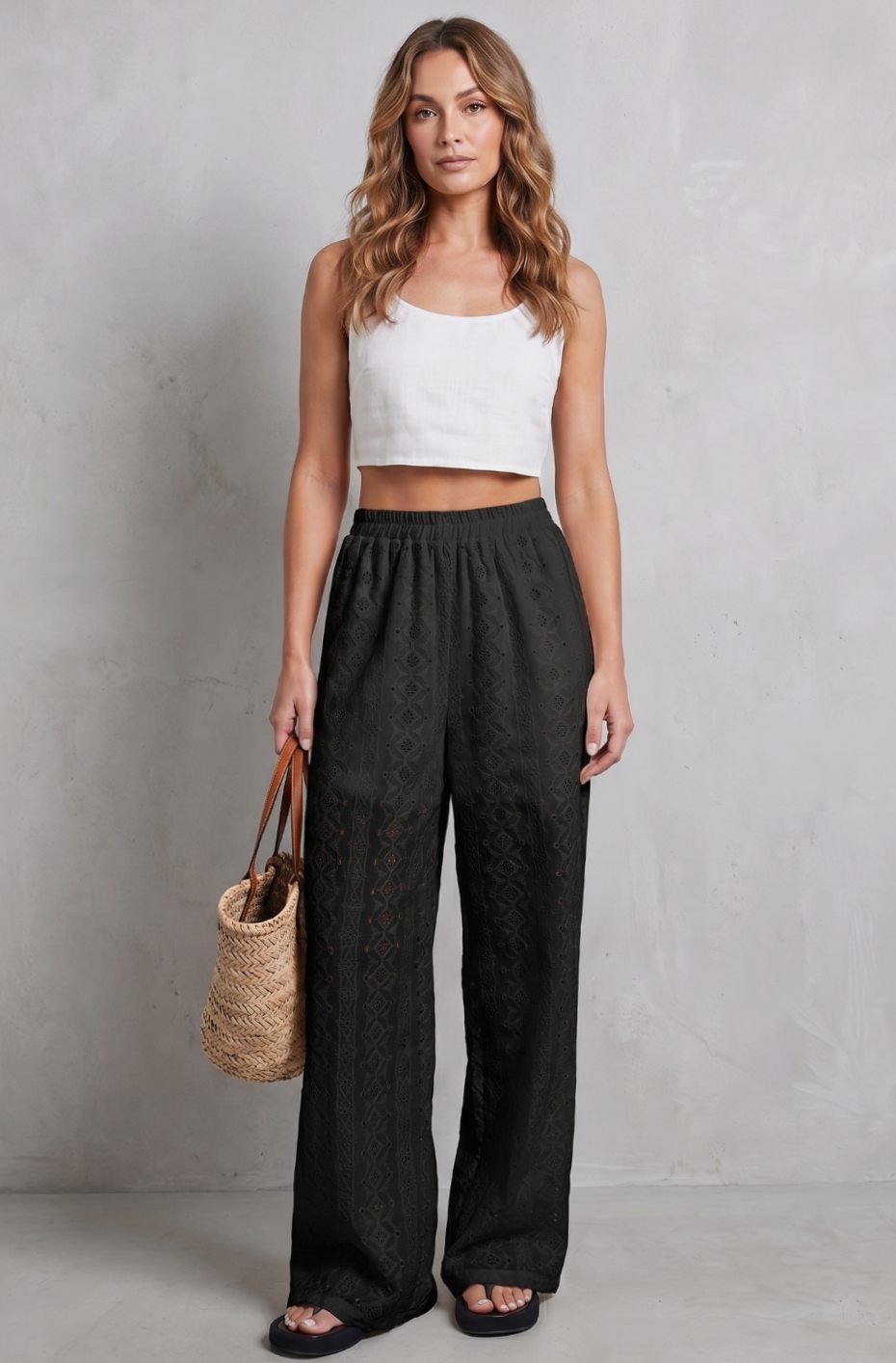 Women's Broderie Anglaise Elasticated Wide Leg Pants