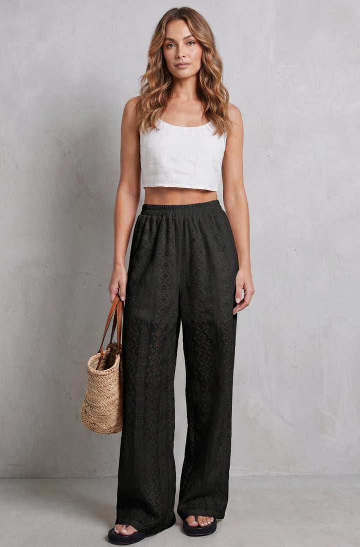 Women's Broderie Anglaise Elasticated Wide Leg Pants