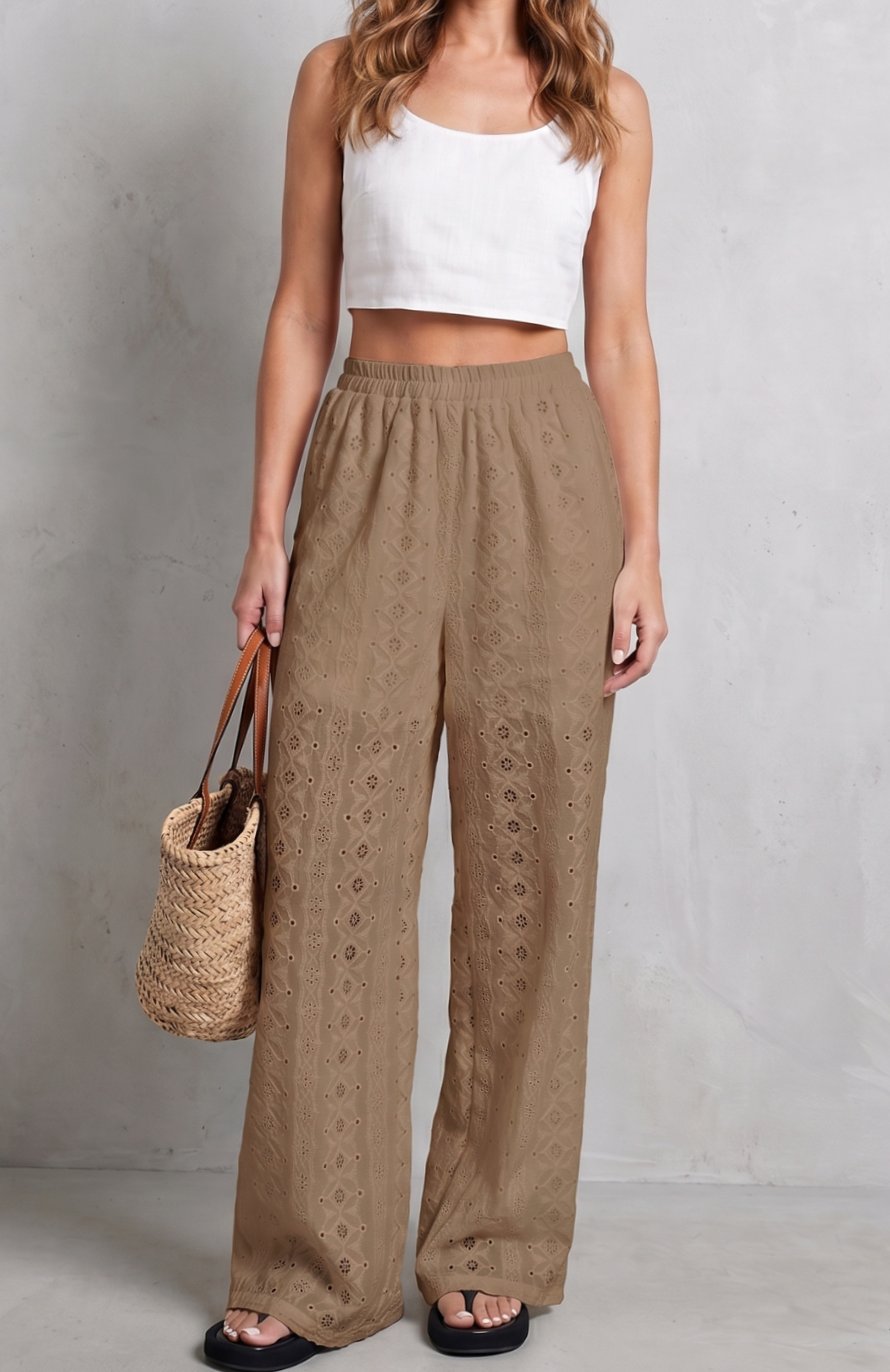 Women's Broderie Anglaise Elasticated Wide Leg Pants - Camel