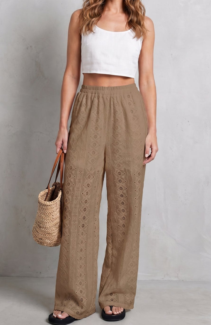 Women's Broderie Anglaise Elasticated Wide Leg Pants - Camel