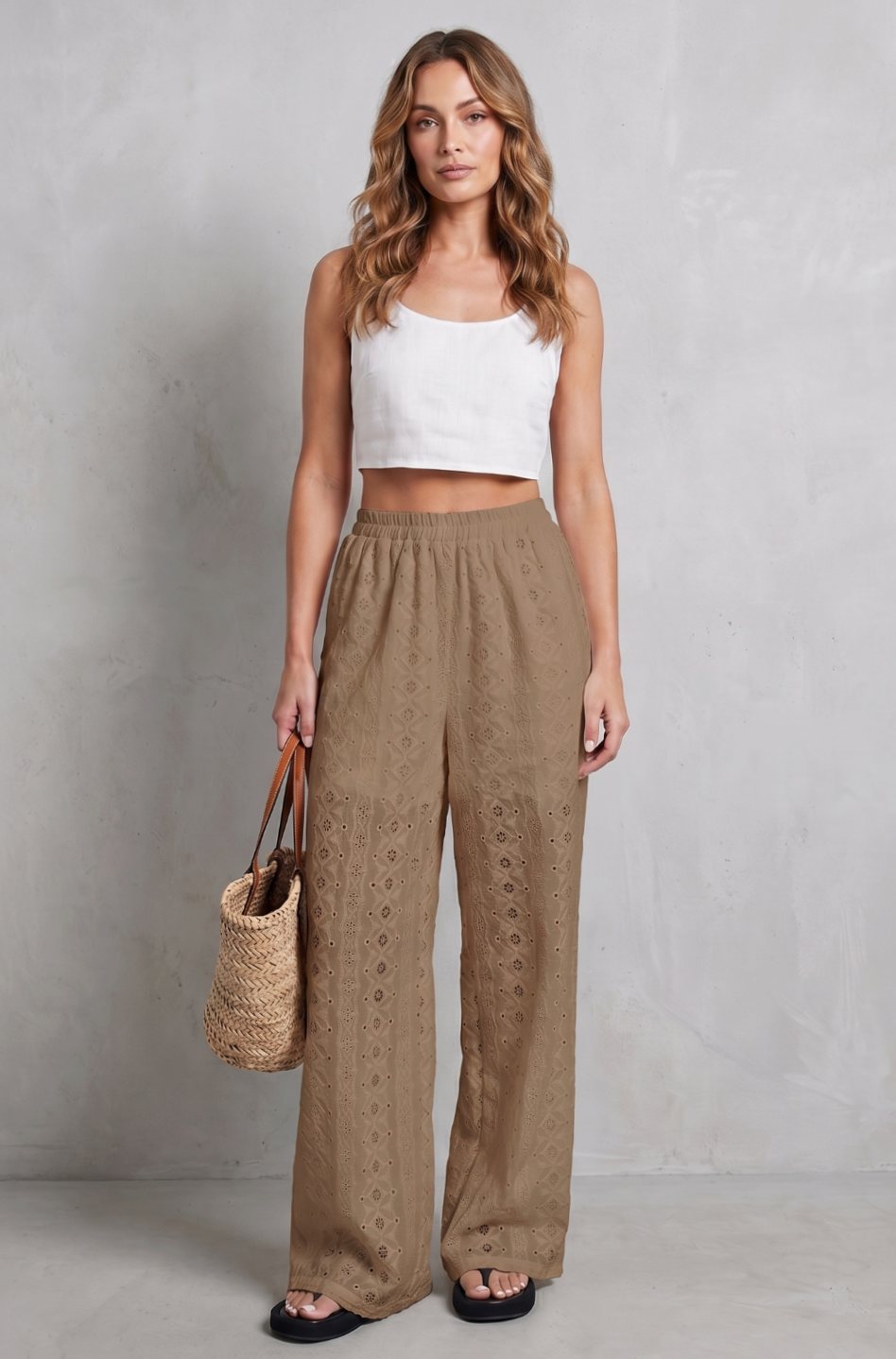 Women's Broderie Anglaise Elasticated Wide Leg Pants