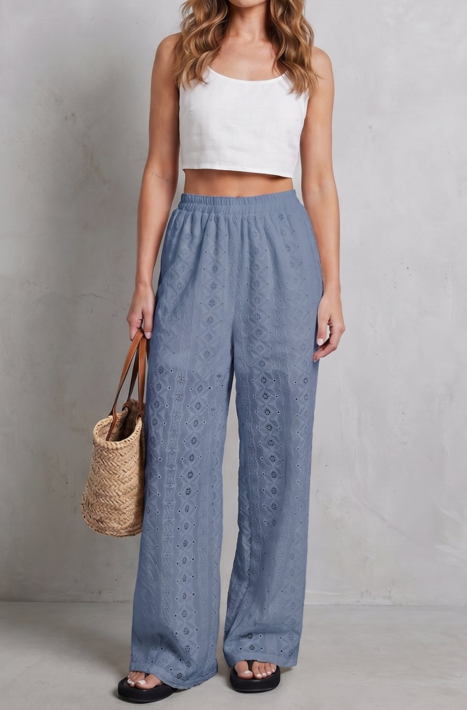 Women's Broderie Anglaise Elasticated Wide Leg Pants - Blue